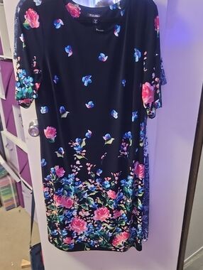 Roz & Ali Black Midi Dress with Pink & Blue Floral Border